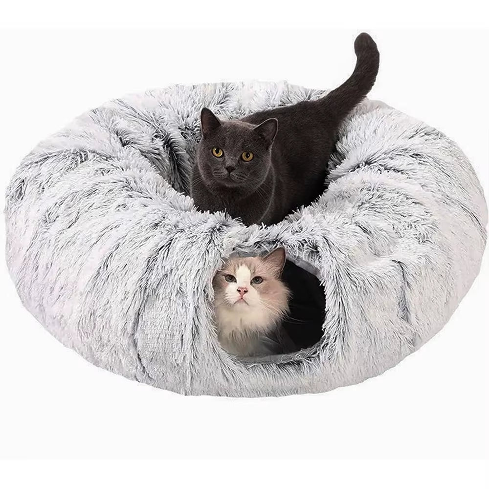 Cozy Winter Plush Cat Tunnel Bed - Foldable Two-In-One Warm Pet Nest for Ultimate Comfort