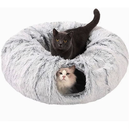 Cozy Winter Plush Cat Tunnel Bed - Foldable Two-In-One Warm Pet Nest for Ultimate Comfort