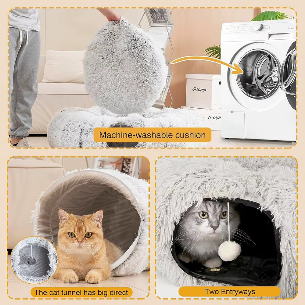 Cozy Winter Plush Cat Tunnel Bed - Foldable Two-In-One Warm Pet Nest for Ultimate Comfort