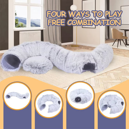 Cozy Winter Plush Cat Tunnel Bed - Foldable Two-In-One Warm Pet Nest for Ultimate Comfort