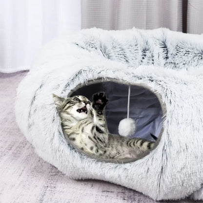 Cozy Winter Plush Cat Tunnel Bed - Foldable Two-In-One Warm Pet Nest for Ultimate Comfort
