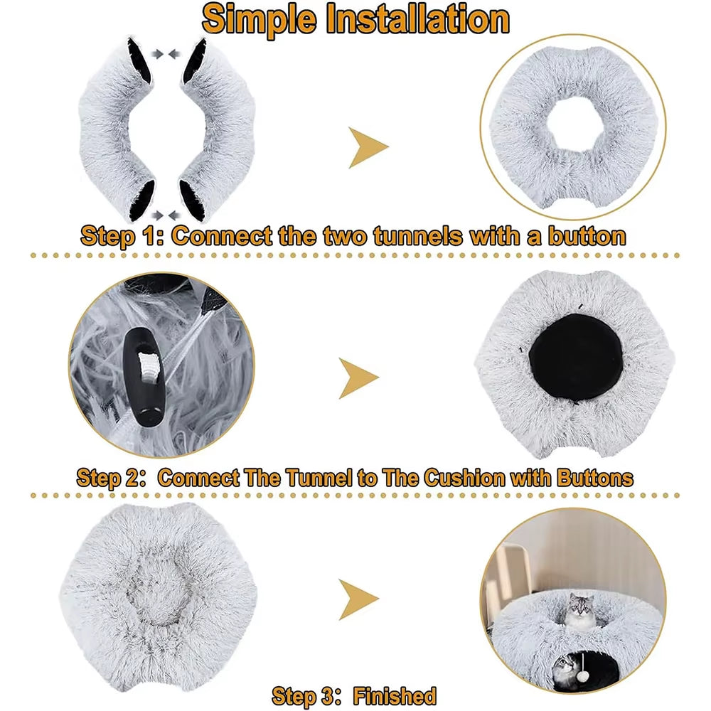 Cozy Winter Plush Cat Tunnel Bed - Foldable Two-In-One Warm Pet Nest for Ultimate Comfort